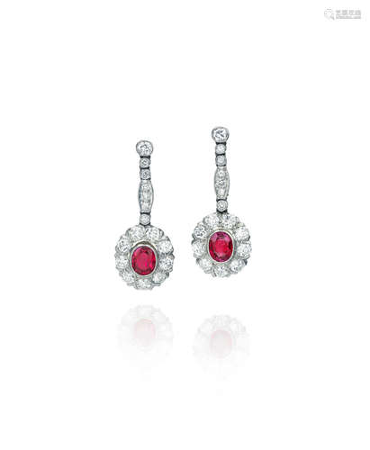 A PAIR OF RUBY AND DIAMOND EAR PENDANTS