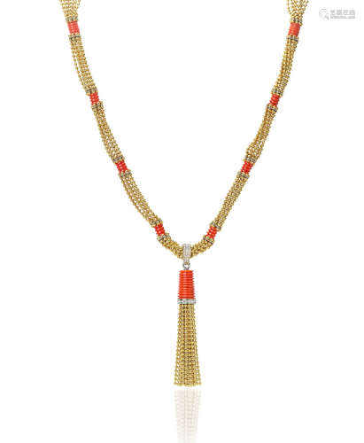 An 18k gold, coral and diamond sautoir