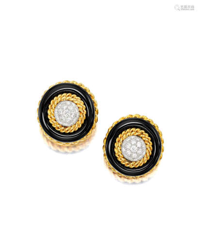 A PAIR OF ONYX AND DIAMOND EAR CLIPS, VAN CLEEF & ARPELS