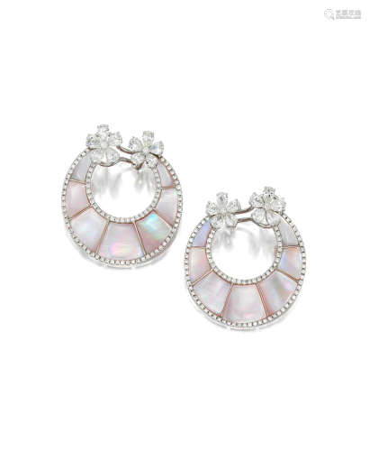 A pair of diamond and mother-of-pearl earrings
