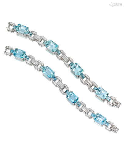 A Pair of Art Deco aquamarine and diamond bracelets, CIRCA 1930