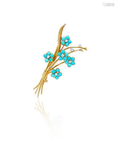 An 18K gold, turquoise, and diamond pin, VAN CLEEF & ARPELS, CIRCA 1965
