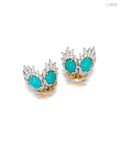 A pair turquoise and diamond ear clips,  TIFFANY & CO., SCHLUMBERGER STUDIOS