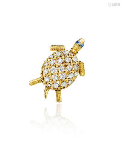 An 18K gold, sapphire, and diamond turtle pin,  CARTIER