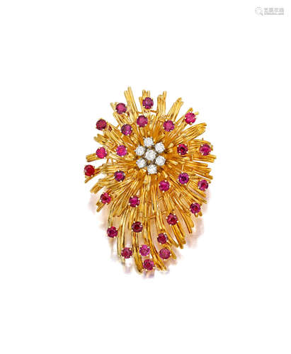 AN 18K GOLD, RUBY AND DIAMOND PENDANT BROOCH, TIFFANY & CO.