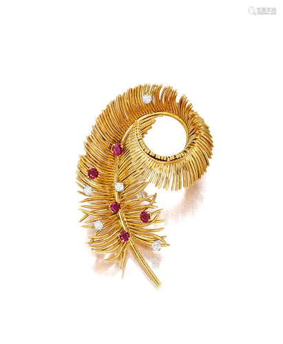 A DIAMOND AND RUBY BROOCH, BOUCHERON,  1954