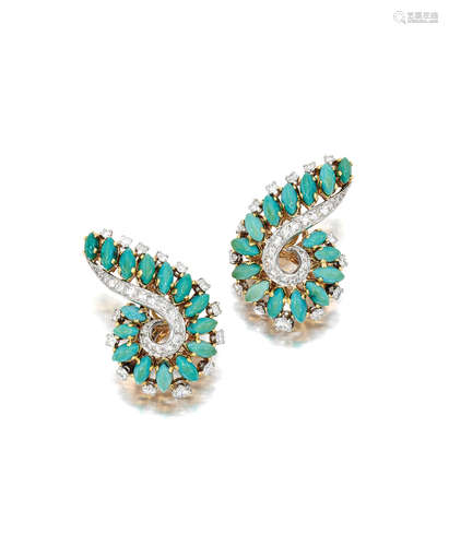 A pair of turquoise and diamond ear clips, BOUCHERON