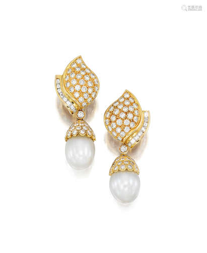 A Pair of 18k Gold, Diamond and Cultured Pearl Ear Pendants