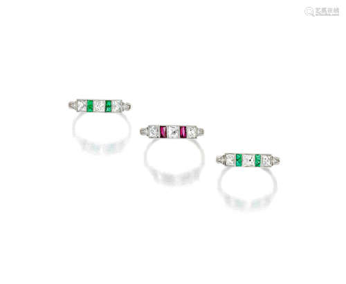 A Trio of Gold, diamond, emerald and ruby rings