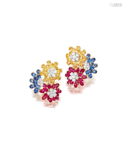 A pair of ruby, sapphire, yellow sapphire and diamond ear clips, OSCAR HEYMAN & BROTHERS