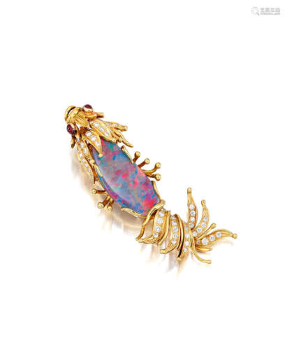 An 18k gold, opal, diamond and ruby brooch, TIFFANY & CO., SCHLUMBERGER