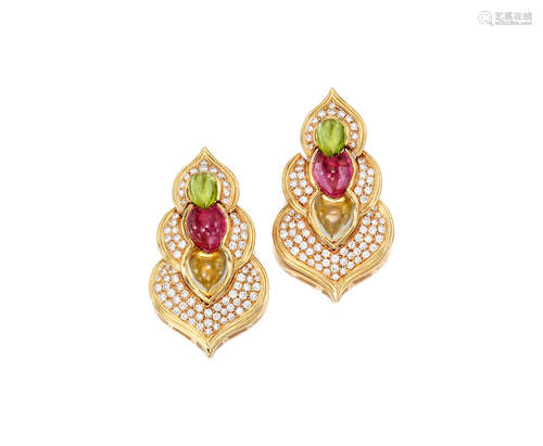 a Pair of 18k Gold, Diamond and Gem-set Earrings