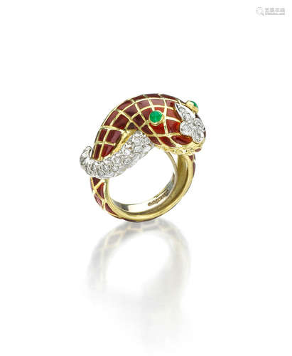 A GOLD, ENAMEL, DIAMOND, AND EMERALD SNAKE RING, DAVID WEBB