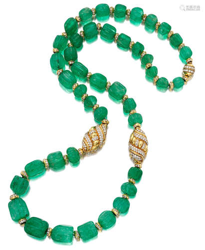 An Emerald Bead, Diamond and 18k Gold Necklace