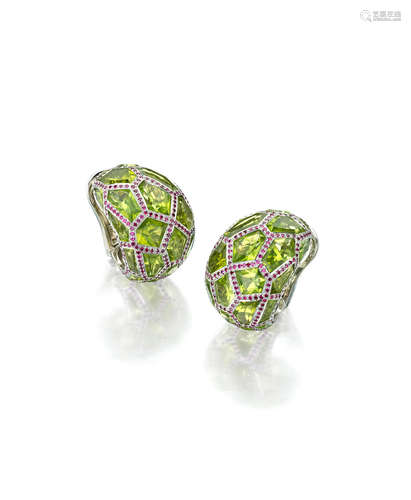 A Pair of Peridot and ruby earrings,  DE GRISOGONO