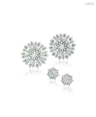 An attractive pair of diamond brooches, John Rubel; and a pair of ear clips,  circa 1950