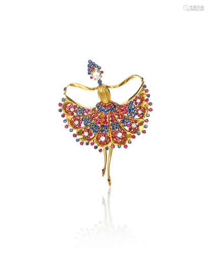 A very fine 18k gold and gem-set Ballerina brooch,  JOHN RUBEL CO., CIRCA 1950