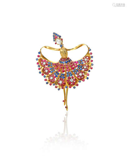 A very fine 18k gold and gem-set ballerina brooch,  JOHN RUBEL CO., CIRCA 1950