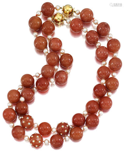 A PAIR OF CARNELIAN AND CULTURED PEARL NECKLACES