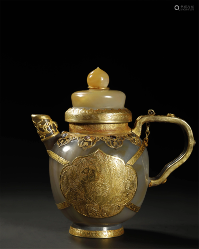 ARCHAIC CHINESE A GILT SILVER MOUNTED AGATE…