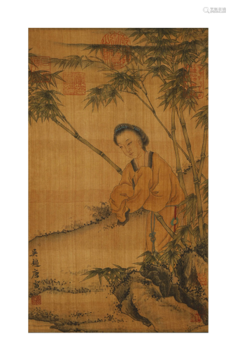 TANG YIN INK AND COLOUR ON SILK,FIGURE