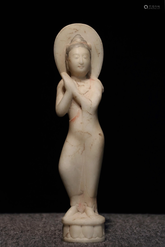 ARCHAIC CHINESE CARVED WHITE STONE BUDD…