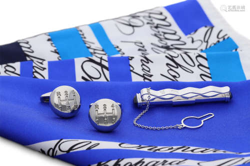Chopard | A White Gold with Synthetic Blue Sapphire Tie Clip, A Stainless Steel Cufflinks and Silk Scarf