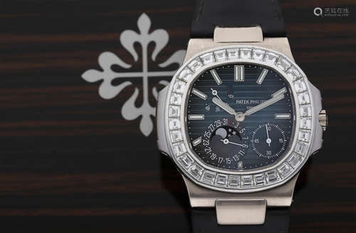 Patek Philippe | Nautilus Ref.5722G, A Rare White Gold and Diamond-set Wristwatch with Date, Moon Phases and Power Reserve Indicator, Circa 2012