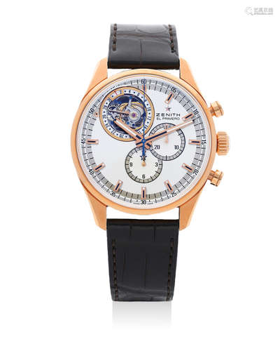 Zenith | El Primero Tourbillon, A Fine and Rare Pink Gold Tourbillon Chronograph Wristwatch with Date, Circa 2010