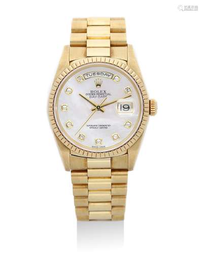 Rolex | Day-Date Ref.18238, A Yellow Gold Bracelet Watch with Date, Day, Mother-of-Pearl Dial and Diamond Indexes, Circa 1993