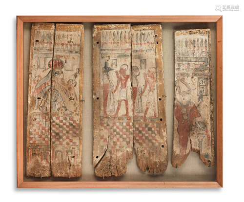 Three Egyptian polychrome painted wood canopic box panels