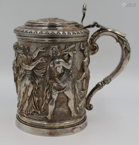 SILVERPLATE. Signed Silverplate Figural Tankard.