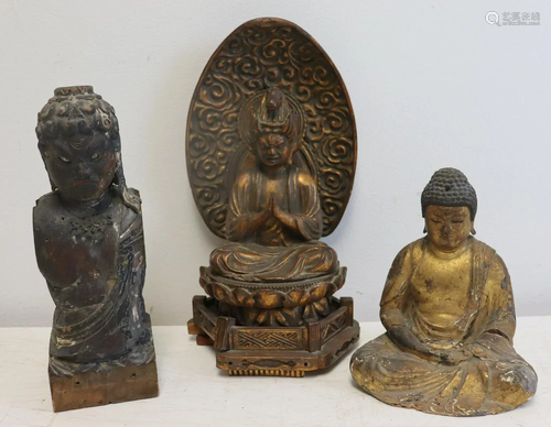 3 Antique Carved And Gilt Japanese Buddhas .