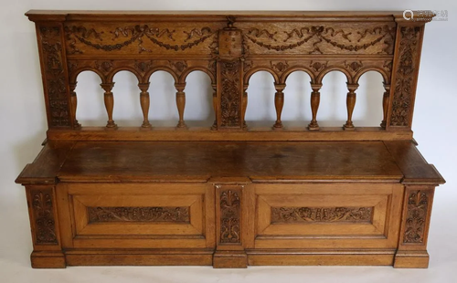 Antique Carved Oak Lift Top Long Bench.