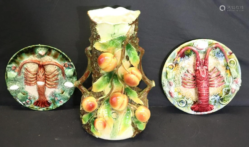 Majolica Lot Of 2 Lobster Plates and A Tree vase.