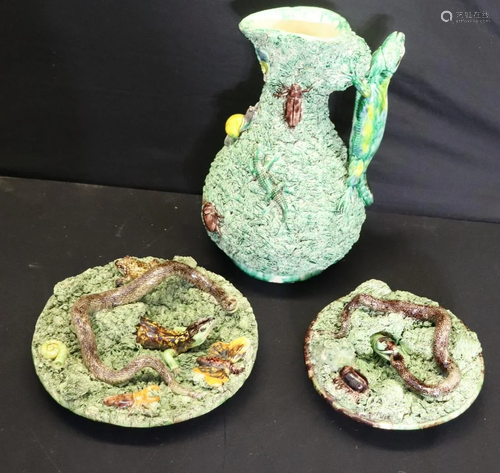 Majolica Lot of 2 Plates and a Jug.