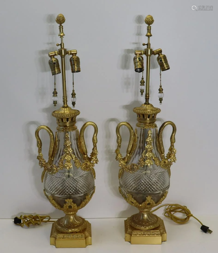 Fine Quality Pair Of Gilt Bronze & Cut Glass Lamps