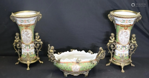 3 Piece Bronze Mounted Porcelain Garniture Set .