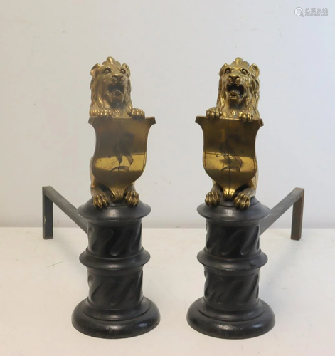 Pr Of Large Gilt Metal & Marble Lion Form Andiron