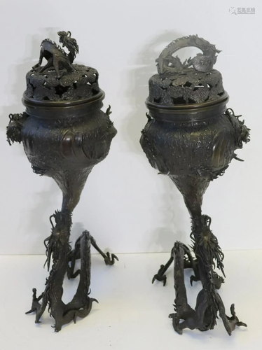 Magnificent Pair Of Japanese Bronze Burners