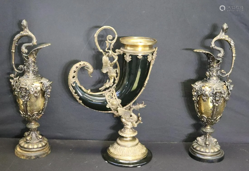 Pair Of Gilt And Patinated Metal Ewers Together