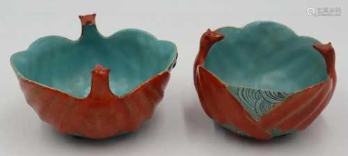 Pair of 19th C Famille Rose Bat Form Bowls.