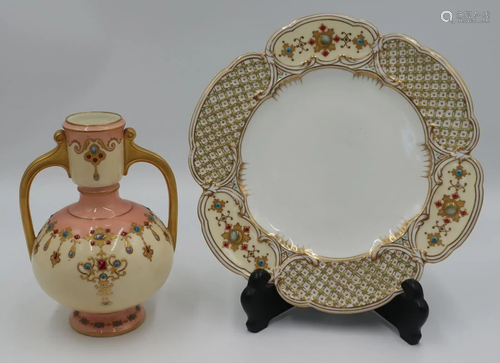 Jeweled Coalport Vase and Plate.