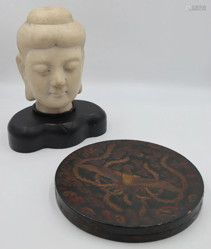 Carved Marble Buddha Head and a Lacquered Box.