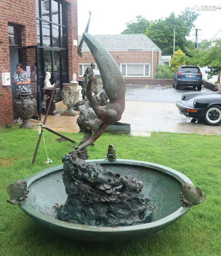 Large Signed Bronze Dolphin Form Fountain With