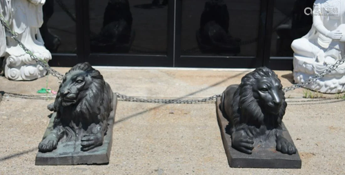 A Vintage Pair Of Bronze Recumbent Lion Sculpt…