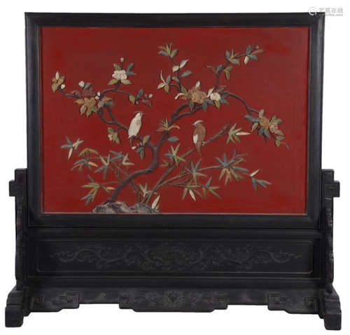 A ZITAN WOOD LACQUER WITH GEM FLOWER PATTERN SCREEN