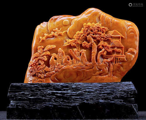 A LAOZ SOAPSTONE CARVED LANDSCAPE PATTERN ORNAMENT