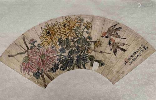 A FAN SHAPE FLOWER PATTERN PAINTING BY LICHENGZHAI