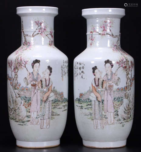 PAIR OF FAMILLE ROSE GLAZE FIGURE PATTERN VASES